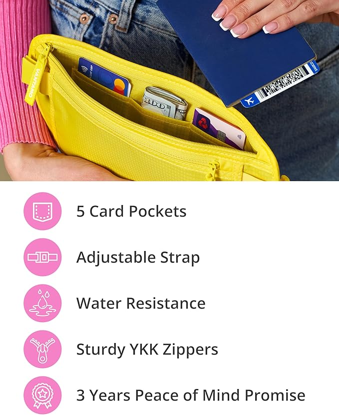 Vantamo Money Belt with RFID For Men & Women, Hidden Passport Holder for Travel, 2 Compartment Travel Fanny Pack for Women Anti Theft