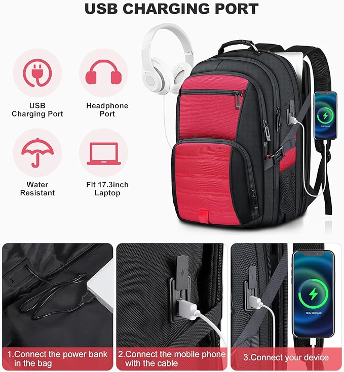 50L Extra Large Backpack,Laptop Backpack, Travel Backpack for Men, Big Backpack, Water Resistant School Approved Business Work Computer Heavy Duty Bag with USB Port, Fits 17 Inch Laptop, Red