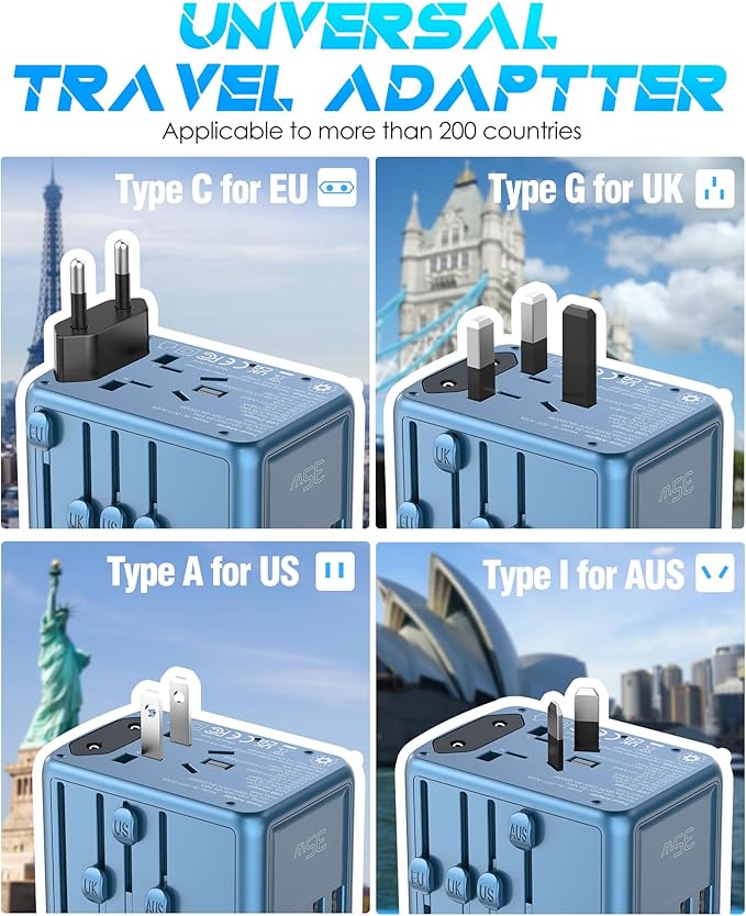 35W PD Universal Travel Adapter Fast Charging Offers 3X2.4A USB-A Ports, 2X USB-C Ports and Multi AC Outlet, International Plug Converter Worldwide Travel Charger All in One for EU US UK AUS
