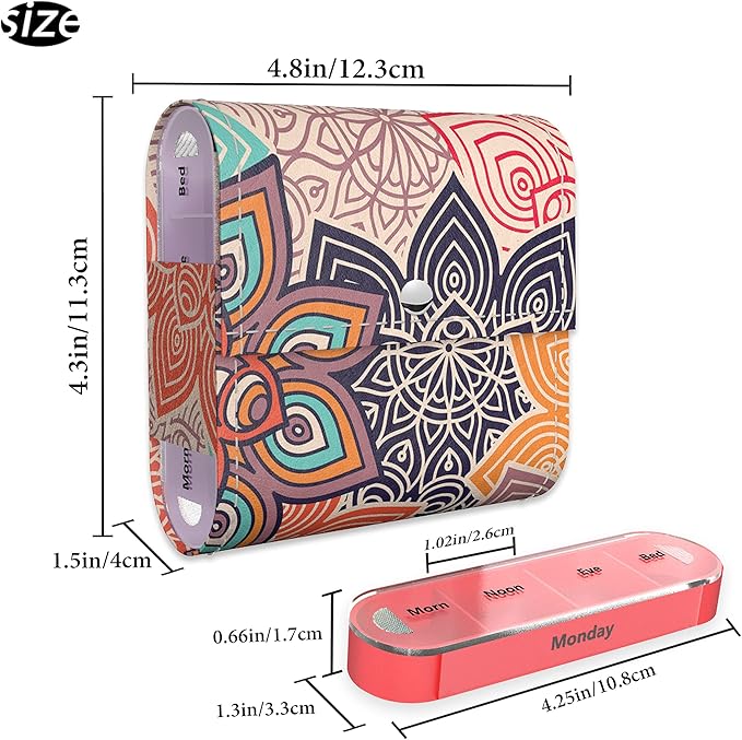 Pill Organizer,LIZIMANDU Weekly Travel Pill Case Box Medication Reminder Daily AM PM, Day Night 7 Compartments,for 4 Times A Day, 7 Days a Week-Includes Leather PU Carrying Case(Colorful Flower)