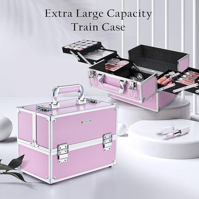 Frenessa Makeup Train Case Large Portable Cosmetic Case - 6 Tier Trays Professional Makeup Storage Organizer Box Make Up Carrier with Lockable keys - Pink