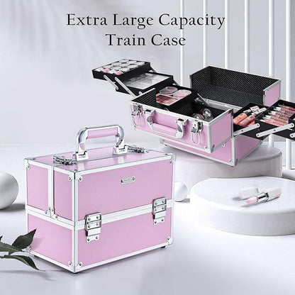 Frenessa Makeup Train Case Large Portable Cosmetic Case - 6 Tier Trays Professional Makeup Storage Organizer Box Make Up Carrier with Lockable keys - Pink