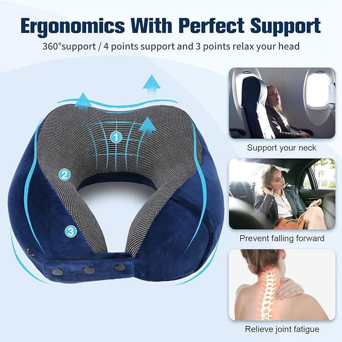 Neck Pillow for Traveling, Travel Pillows for Airplanes,100% Pure Memory Foam Travel Neck Pillow, Adjustable Flight Pillow, Portable Plane Accessories with Eye Mask, Earplugs, Carry Bag