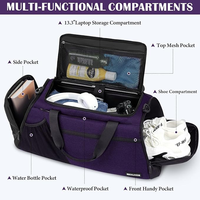 Gym Bags for Men Women 40L Large Gym Backpack Multiple Pockets Sport Duffle Bags with Shoe & Wet Compartment for Workout Travel Weekend Overnight Purple