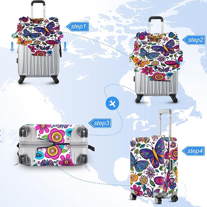 FOREVER QUEEN Colorful Butterfly Luggage Cover Suitcase Protector Suitcase Cover Anti-Scratch,Stretchable Bag Cover Washable Durable Polyester