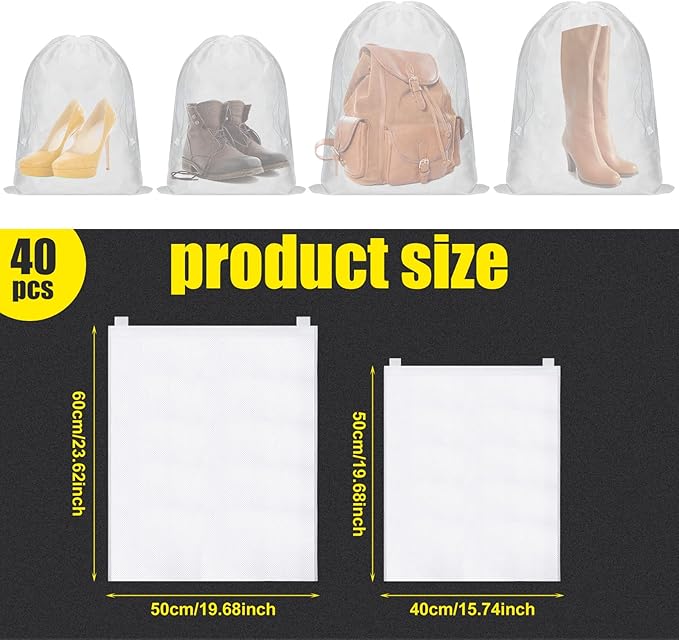 Woanger 40 Pcs Dust Proof Drawstring Purse Storage Bag Breathable Non Woven Fabric Shoe Bag Dust Bags for Handbags Nonwoven Cloth Storage Pouch Cover for Shoe Boots Purse Travel Organizer, White