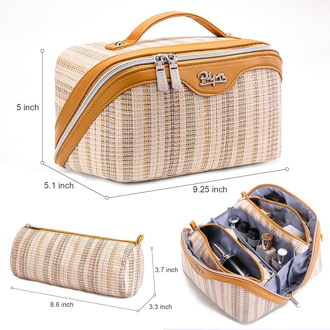 BOYATU Travel Makeup Bag for Women: Large Capacity Open Flat Make up Bag Set of 3 - Vegan Leather Cosmetic Bag with Compartments - Waterproof Toiletry Bag with Handle & Divider(I-4-Gold)