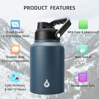 BJPKPK 64 oz Insulated Water Bottle, Dishwasher Safe Half Gallon Water Bottle with Ergonomic Handle, BPA Free Leak Proof Water Jug for Sports, Metal Jug with Anti-slip Bottom, Navy Blue
