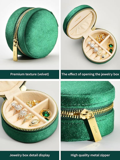 TAIMY Travel Jewelry Case, Small Round Velvet Travel Jewelry Box for Women Girls, Portable Tiny Jewelry Travel Organizer Boxes for Rings Earrings Necklaces Bracelets(Emerald Green)