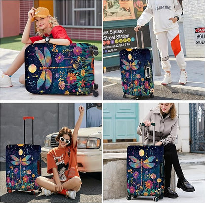 ANNA QUEEN Magical Dragonfly Luggage Cover, Night Sky with Bright Colors and Flowers, Stretchable, Washable Travel Protector for 20-34 Inch Suitcases