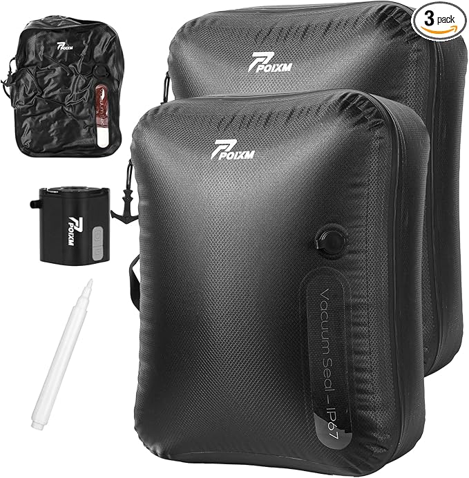 Vacuum Bags for Travel with Wireless Pump, 180° Open Zipper, IP67 Waterproof, Reusable Space Saver Compression Bags for Backpack, Suitcase, Home Storage(2 Pack + Pump)