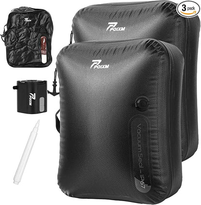 Vacuum Bags for Travel with Wireless Pump, 180° Open Zipper, IP67 Waterproof, Reusable Space Saver Compression Bags for Backpack, Suitcase, Home Storage(2 Pack + Pump)