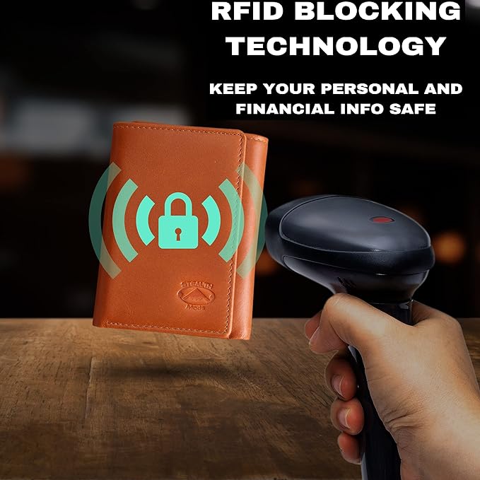 Stealth Mode Trifold Wallet - RFID Blocking Wallet with Flip ID Holder - Leather Case for Money, Credit Cards - Mens Organizer, Divided Billfold, Identity Protection - Men's Gifts (Light Brown)