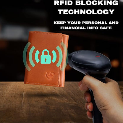 Stealth Mode Trifold Wallet - RFID Blocking Wallet with Flip ID Holder - Leather Case for Money, Credit Cards - Mens Organizer, Divided Billfold, Identity Protection - Men's Gifts (Light Brown)