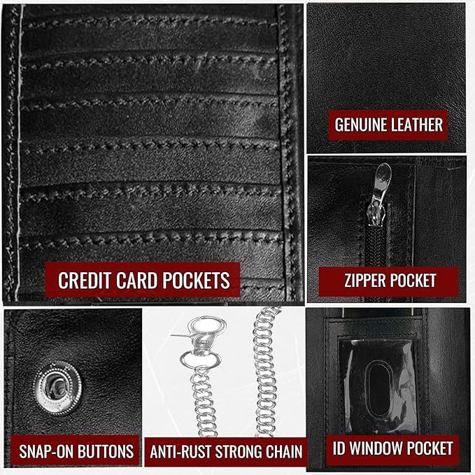 CLASSIC Motorcycle Chain Wallet for Men – Premium Cowhide Leather, RFID Bi-Fold Biker Wallet with Heavy Duty Chain for Bikers Truckers & Hunters, Credit Card Money Organizer Long Wallet Aniline Black