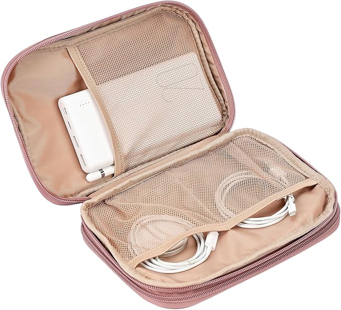 NISHEL Travel Cord Organizer Case, Double Layers Tech Electronic Bag, Essentials for Charger, Cable, Phone, Flash drive, Large, Rose-wood Pink