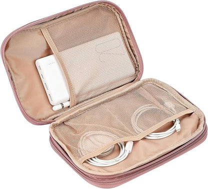 NISHEL Travel Cord Organizer Case, Double Layers Tech Electronic Bag, Essentials for Charger, Cable, Phone, Flash drive, Large, Rose-wood Pink