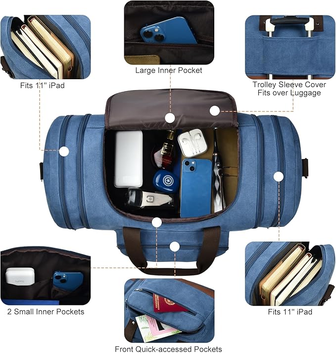 Litvyak Duffle Bag for Travel, 50L Canvas Travel Duffel Bags Overnight Weekend Gym Carry On Luggage Bag for Men & Women(Blue)