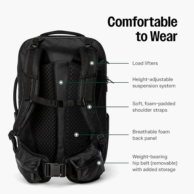 Tortuga 40L Travel Backpack Pro, Black - Large Carry-On Travel Backpack for Men and Women - Durable, Comfortable, Easy to Pack, Airline-Approved Bag with Laptop Compartment