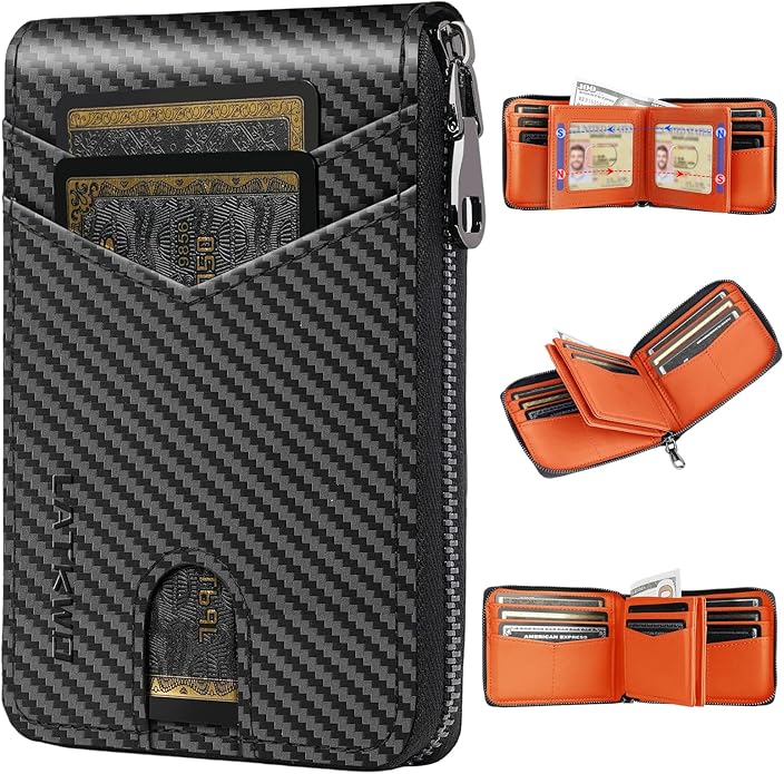 Men’s RFID Blocking Zipper Large Dimensions Wallet with 2 ID Windows - Large Capacity Design, 13 Credit Card Slots