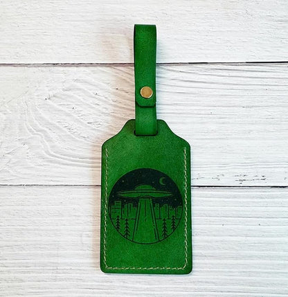Mayan Corner - Leather Handmade Luggage Tag with UFO Alien Design, Green, ID Window, Brass Hardware