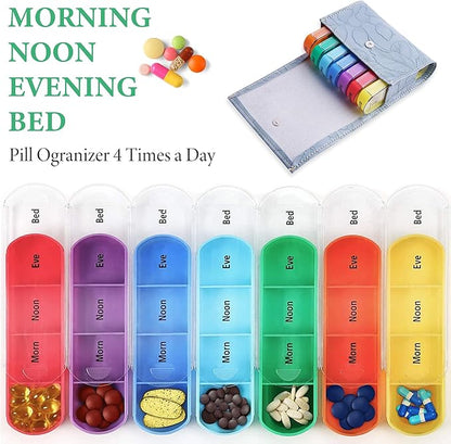 Pill Organizer,LIZIMANDU Weekly Travel Pill Case Box Medication Reminder Daily AM PM, Day Night 7 Compartments,for 4 Times A Day, 7 Days a Week-Includes Leather PU Carrying Case(1-Carved Blue4)