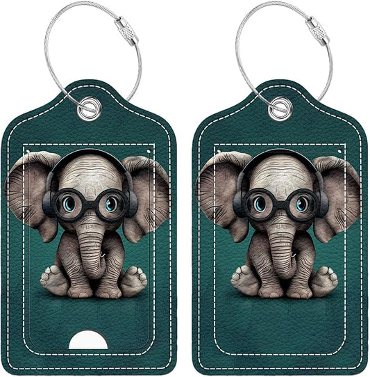 Funny PU Leather Luggage Tags 2-Pack with Headphones Cute Little Elephant Cute Pattern Suitable for Suitcase Stainless Steel Loop and Address Card Essential for Cruise and Airport Travel