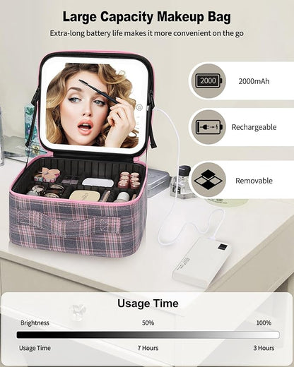 TANTO Makeup Bag With LED Mirror, Travel Makeup Case with Light up Mirror Large Cosmetic Case with 3 Color Lighted Portable Organizer Bag with Adjustable Dividers(Pink/Grey Stripes-Canvas, Small)