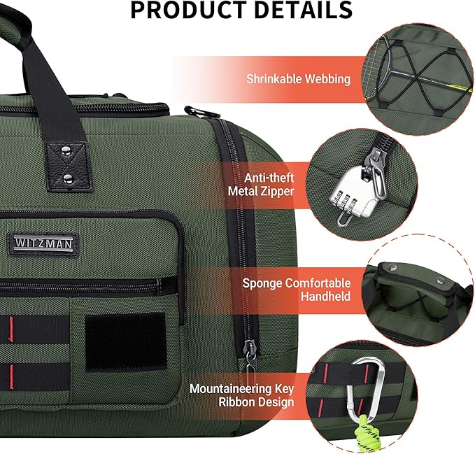 WITZMAN Travel Duffel Bags for Men Large Carry On Weekender Overnight Bag 3 in 1 Backpack with Shoe Compartment (B693 Army Green）