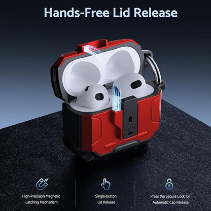 DASFOND Armor Cover Airpods 3 Generation Case, Military Grade Full Body Shockproof Protection Hard Case, Support Wireless Charging with Keychain, Magnetic Lid, Front LED Visible, Red