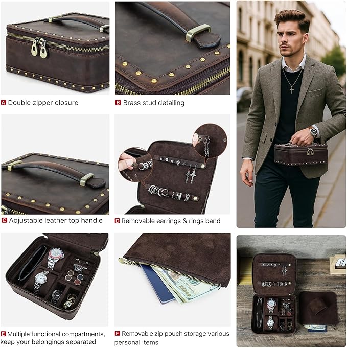 CONTACTS Full Grain Leather Jewelry Box for Men Travel Jewelry Organizer Watch Case Vintage Jewelry Storage Case for Cufflinks Ring Sunglasses Holder by Handmade