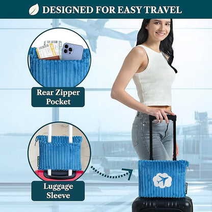 PAVILIA Travel Blanket Pillow in Soft Bag with Pockets, Airplane Blanket Set, Plane Blanket Compact Packable, Flight Essentials Car Pillow, Travelers Accessories Gifts, Luggage Strap, Turquoise