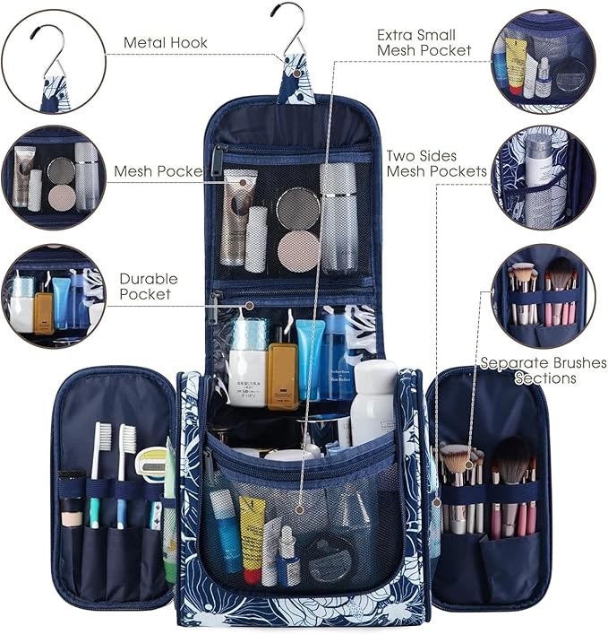 Narwey Hanging Toiletry Bag for Women Travel Makeup Bag Organizer Toiletries Bag for Cosmetics Essentials Accessories (Large, Blue Lotus)