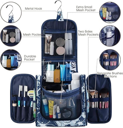 Narwey Hanging Toiletry Bag for Women Travel Makeup Bag Organizer Toiletries Bag for Cosmetics Essentials Accessories (Large, Blue Lotus)