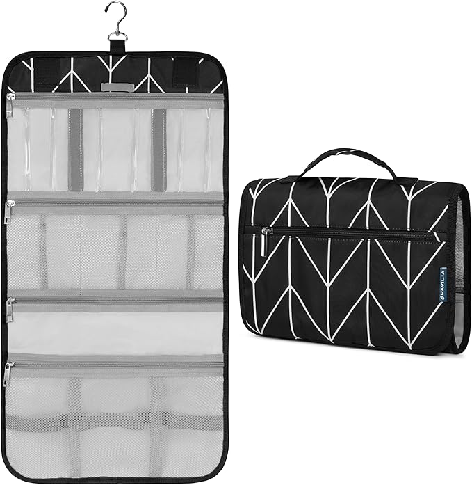 PAVILIA Hanging Toiletry Bag Women Men, Travel Kit Foldable Large Toiletries Organizer, Roll up Cosmetics Makeup Bag Accessories, Waterproof Essentials Jewelry Case (Black Chevron)