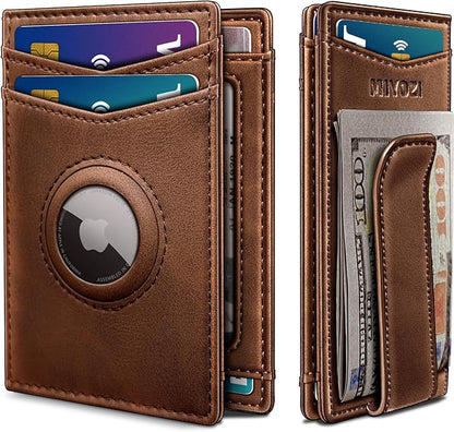 Airtag Wallet for Men- with Money Clip Gift Boxed, Magnetic Closure Slim Genuine Leather Front Pocket Wallet, 4.1"x 2.8", RFID Blocking