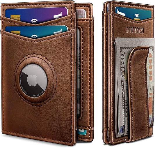Airtag Wallet for Men- with Money Clip Gift Boxed, Magnetic Closure Slim Genuine Leather Front Pocket Wallet, 4.1"x 2.8", RFID Blocking