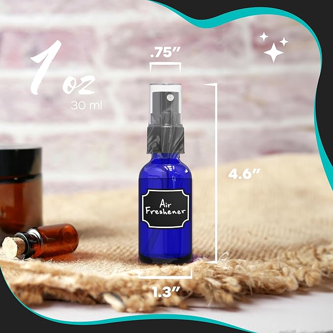 Nevlers Cobalt Blue Glass 1 Oz Small Spray Bottle 48 Pack | Misting Bottle Set w/Shrink Wrap, Funnel, Brush, Marker & Labels | Empty Spray Bottles For Essential Oils, Fragrance, Hand Sanitizer & More