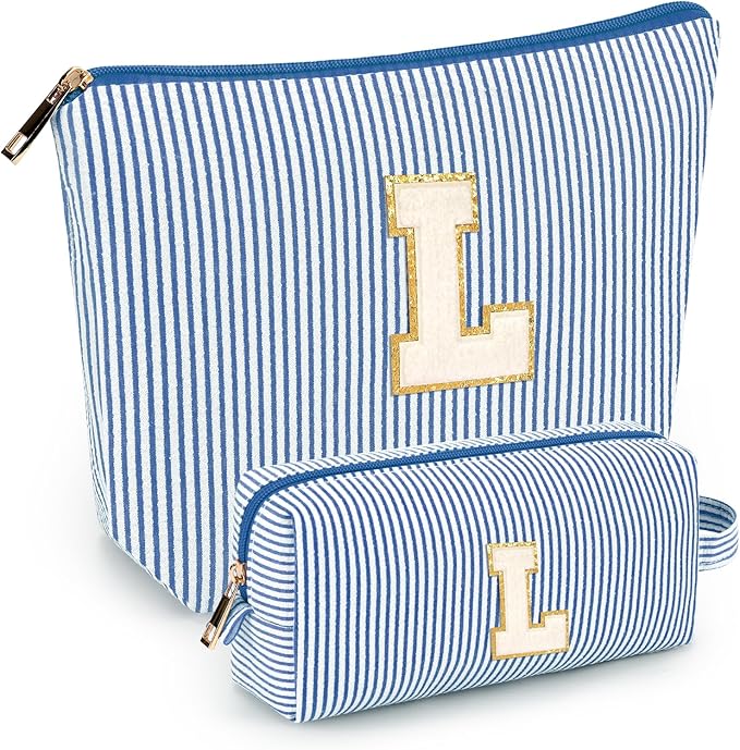 2 PCS Initial Makeup Bags for Women: Cosmetic Bag for Travel Toiletry - Birthday Gifts for 11 12 13 14 15 16 17 18 Years Old Girl Graduation Teacher Gift- Teen Girl Gifts Trendy Stuff - Blue L