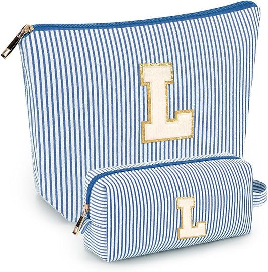 2 PCS Initial Makeup Bags for Women: Cosmetic Bag for Travel Toiletry - Birthday Gifts for 11 12 13 14 15 16 17 18 Years Old Girl Graduation Teacher Gift- Teen Girl Gifts Trendy Stuff - Blue L