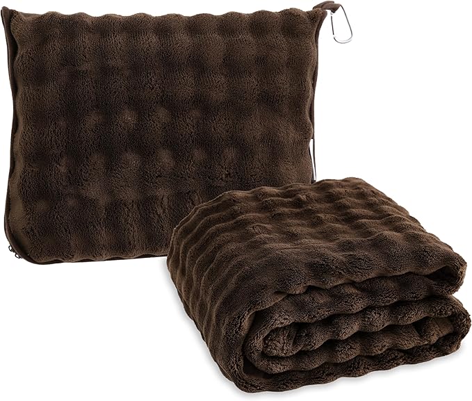 SOCHOW Travel Blanket for Airplane Train and Car, Soft Travel Blanket or Pillow 2 in 1 Compact with Portable Bag Pillowcase, Flight Blanket with Luggage Sleeve and Backpack Clip, Brown