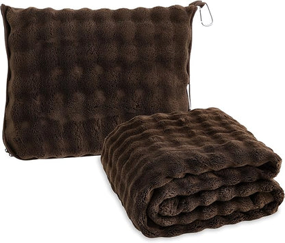 SOCHOW Travel Blanket for Airplane Train and Car, Soft Travel Blanket or Pillow 2 in 1 Compact with Portable Bag Pillowcase, Flight Blanket with Luggage Sleeve and Backpack Clip, Brown