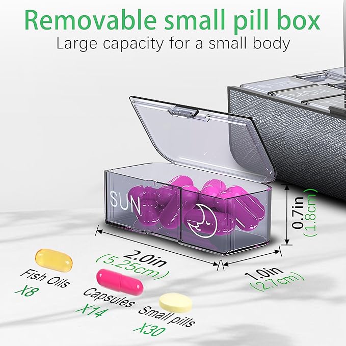 7-Day AM/PM Pill Organizer with Scratch-Resistant Leather Case - Portable Weekly Travel Medicine Box with Detachable Daily Pods & Privacy Design (Silver Black)