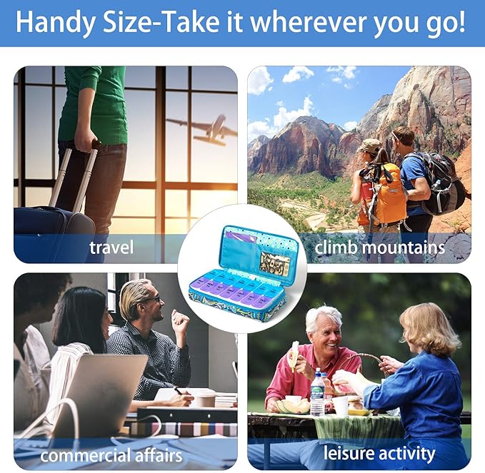 Weekly 7 Day Pill Organizer Case 2 Times a Day (AM/PM), Large Portable Pill Box 7 Day for Vitamin Medicine, Pill Case with Quilted Fabric Zipper Cute Bag for Travel or Daily