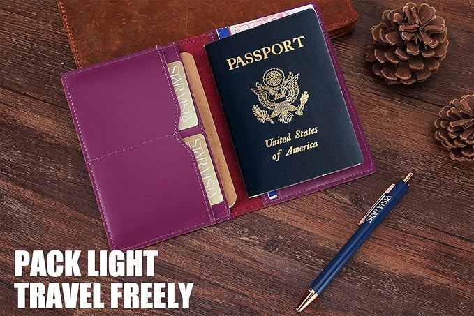 STAR VISTA Albatross Leather Travel Passport Holder, Minimalist Design, Calfskin Leather Case for Women and Men - Slim Passport Wallet, Bifold, RFID Blocking, Violet