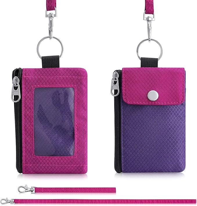 Minimalist Wallet For Mens Womens, Keychain RFID Blocking Zipper Small Wallet with ID Window 2 Lanyards,Water Resistant Travel Cash Card Coin Case Boys Girls