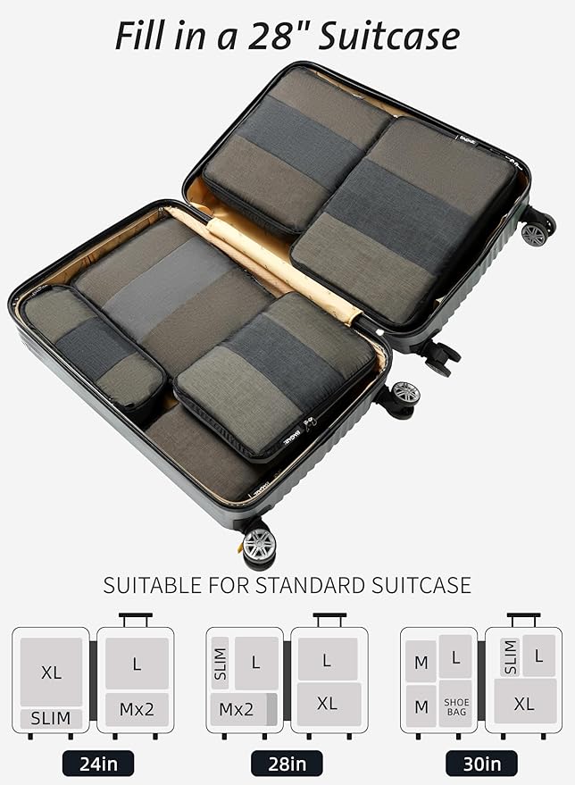 Bagail Ultralight Compression Cubes 7 Set - 3 Packing Cubes, 3 Organizers, and 1 Shoe Bag