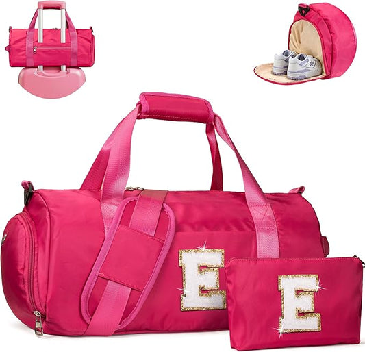 Christmas Gifts-4 Year Old Girl Birthday Gift, Girls Travel Duffel Bag, Kids Overnight Bags with Shoe Compartment, Sport Gym Weekender Bag with Makeup Pouch, Gifts for Teens (Letter E)