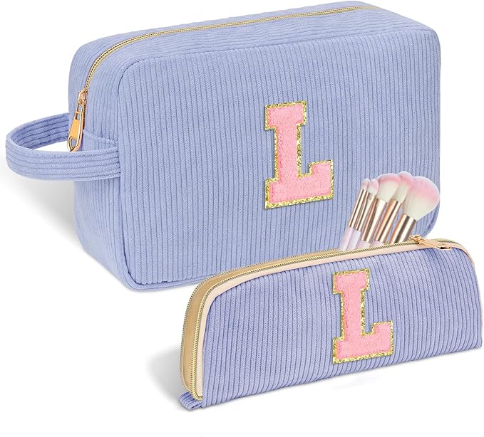 Personalized Initial Makeup Bag Trendy Stuff Corduroy Cosmetic Bag Travel Toiletry Bag, Christmas/Thanksgiving/Halloween Gifts Makeup Organizer Case for Women Girls Mom Girlfriend Wife - Blue
