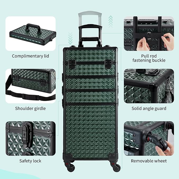 Rolling Makeup Case, Makeup Train Case with Lid, 5 in 1 Cosmetology Case on Wheels, Christmas Gift, Large Makeup Case Organizers, Profesional Cosmetic Case for Salon Barber,Black Green